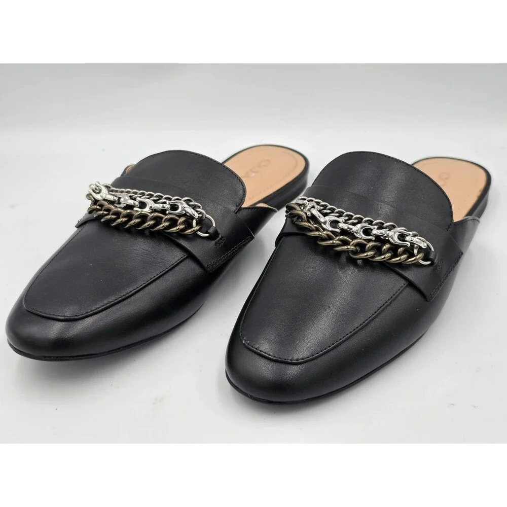 Coach Faye Loafer Chain Black Leather Mules Shoes Size 8.5 - Picture 3 of 6
